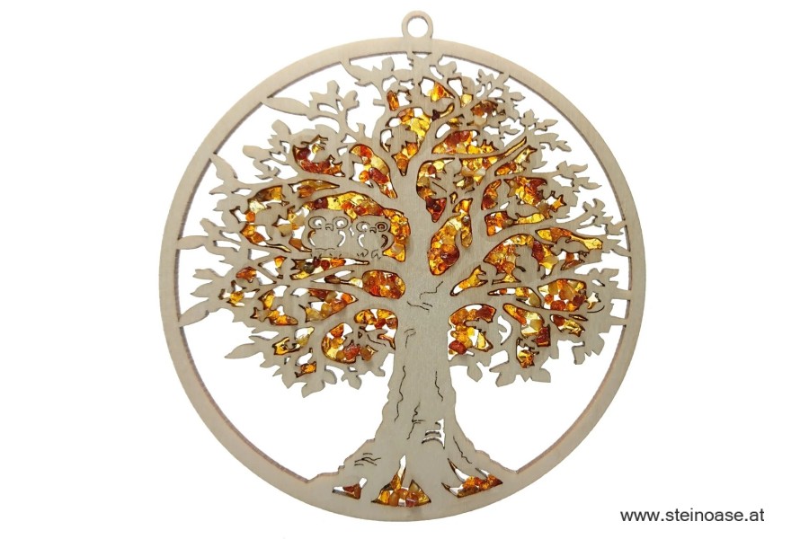 Fensterbild Suncatcher Bernstein - EULEN auf BAUM Ø 11cm